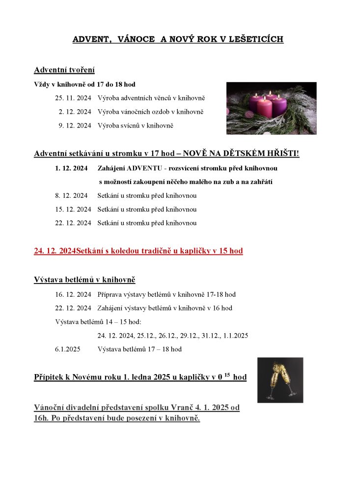 >>Akce advent, Vánoce a&nbsp;Nový rok v&nbsp;Lešeticích<<