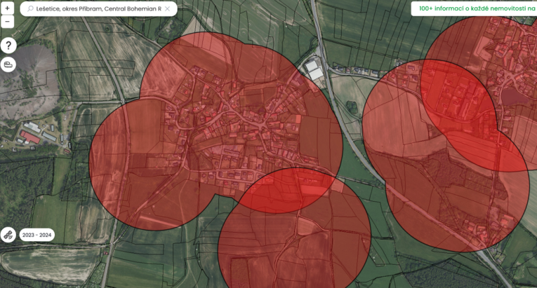 Červené oblasti = bezpečnostní zóny zákazu